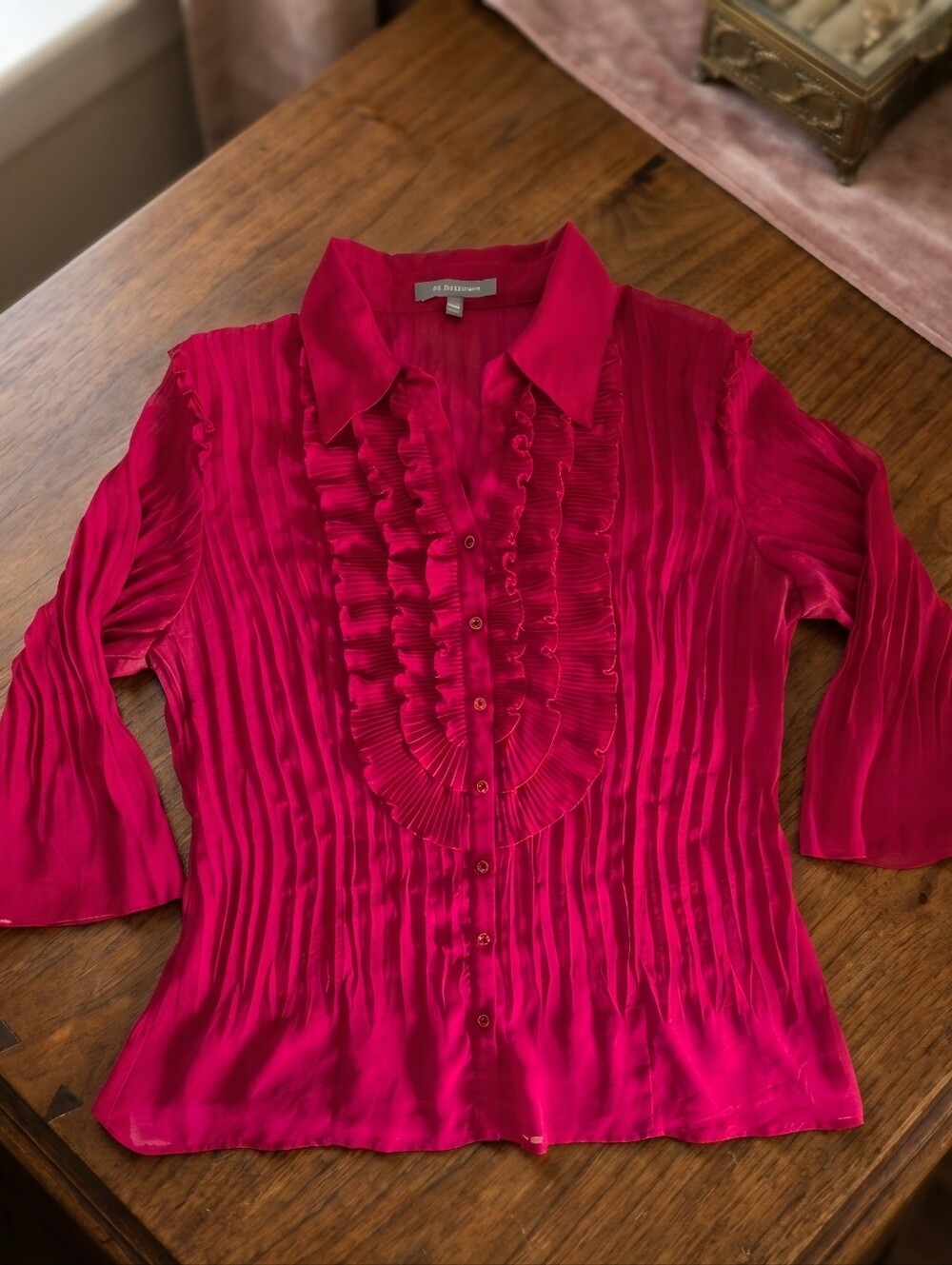NY Collection Fuchsia Pink Ruffled Pleated Button Down Blouse Top - Size L